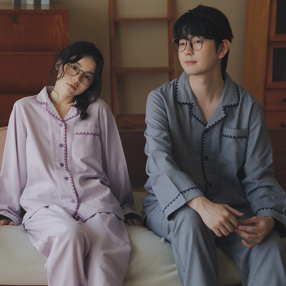 情侣睡衣女纯棉磨毛绒布简约长袖