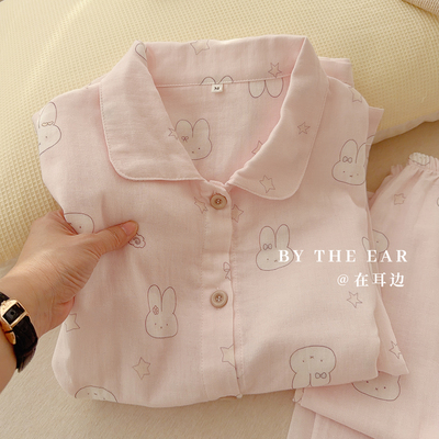 春秋薄款纯棉双层纱睡衣套装女