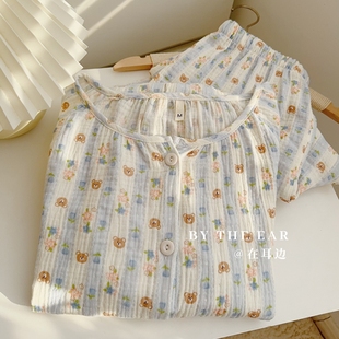 睡衣睡裤 蓝色小熊卡通少女心纯棉家居服套装 春秋全棉皱皱纱长款