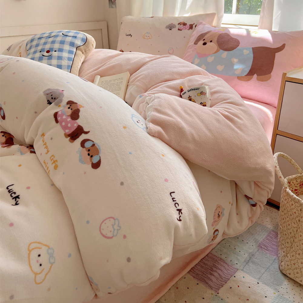 韩系可爱卡通牛奶绒加厚四件套