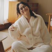 家居服套装 日式 软糯米粒绒法兰绒睡衣女情侣秋冬加绒加厚保暖长袖