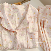 绉布棉纱少女套装 长裤 家居服 长袖 在耳边日系花花小熊睡衣女春秋季