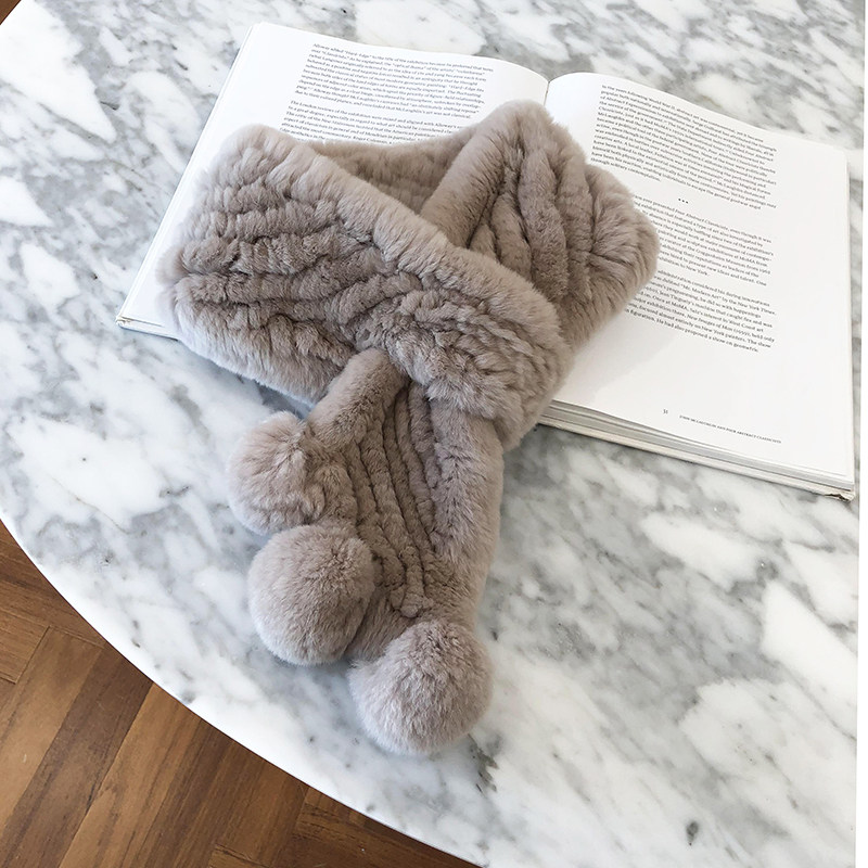 保暖獭兔毛皮草围脖双面编织中老年人女秋冬保暖围巾球球韩版妈妈