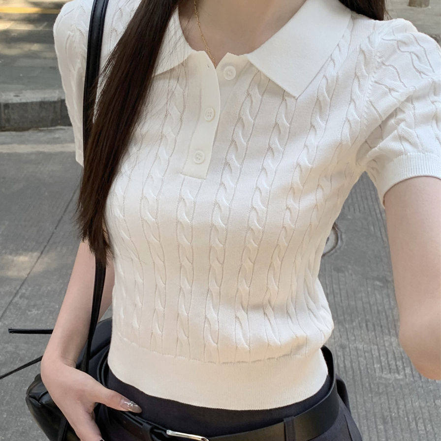 法式高级感Polo翻领钮扣短袖针织衫女夏季气质麻花纹上衣打底T恤