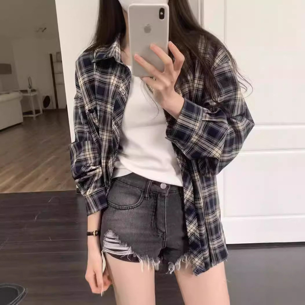 复古美式格子衬衫外套长袖女春秋设计感小众宽松休闲上衣衬衣开衫