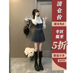 清仓5折 无袖 灰蓝色挂脖U领西装 百搭短款 背心外套 马甲女春季