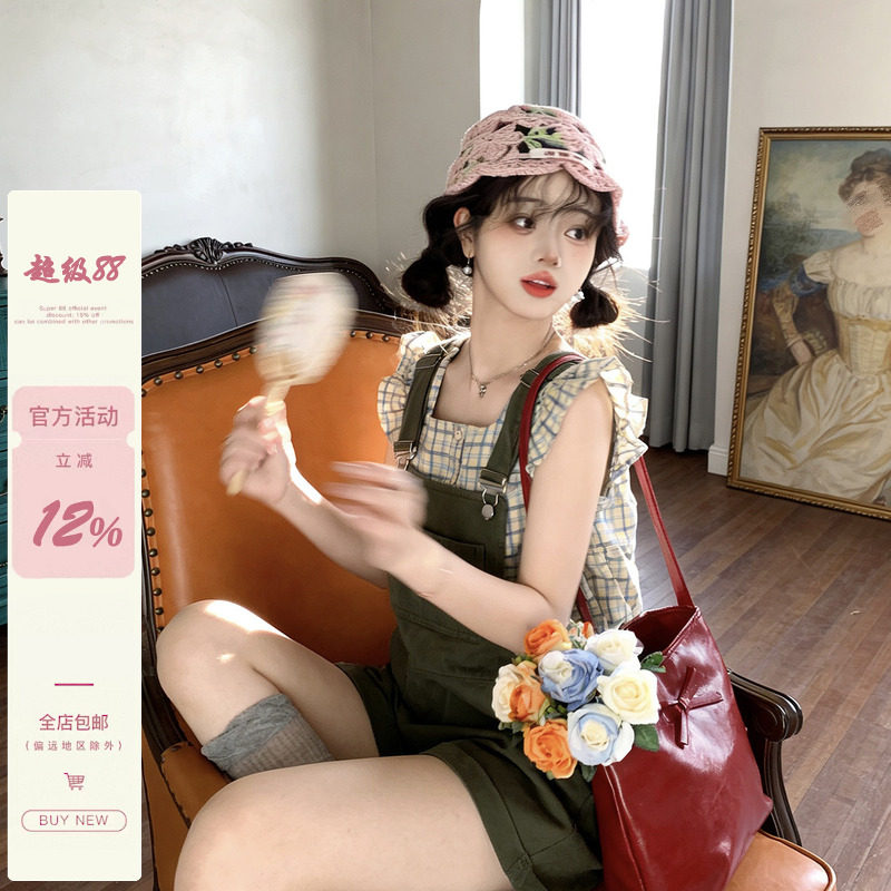 iuui·le 2026新款牛仔棉背带短裤女夏季宽松休闲舒适小个子高级图片