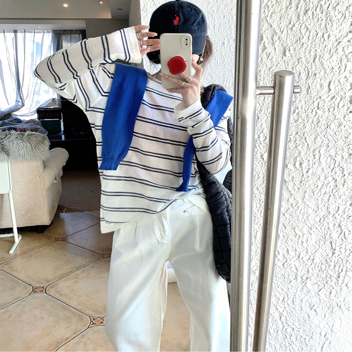 iuui·le 蓝白条纹针织衫女上衣长袖t恤女设计感小众宽松休闲新款