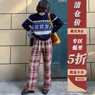 子女格子裤 毛呢裤 2024新款 休闲直筒小个子阔腿显瘦 清仓五折