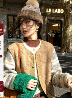 iuui·le 羊羔毛两穿马甲女2025新款冬季灯芯绒复古百搭叠穿外套