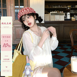iuui·le2026新款奶皮光花边娃娃衬衫女休闲上衣复古百搭叠穿长袖