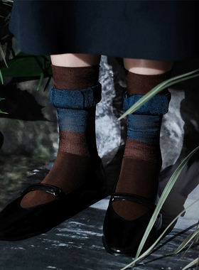 JOANLAND纯棉透气中筒袜子女士时髦配色丝光双层花边时装袜芭蕾风