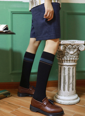 JOANLAND高弹中筒压力袜纯黑色超显瘦复古条纹及膝女士高筒小腿袜