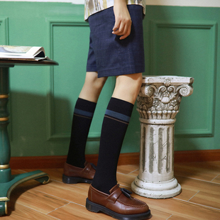 JOANLAND高弹中筒压力袜纯黑色超显瘦复古条纹及膝女士高筒小腿袜