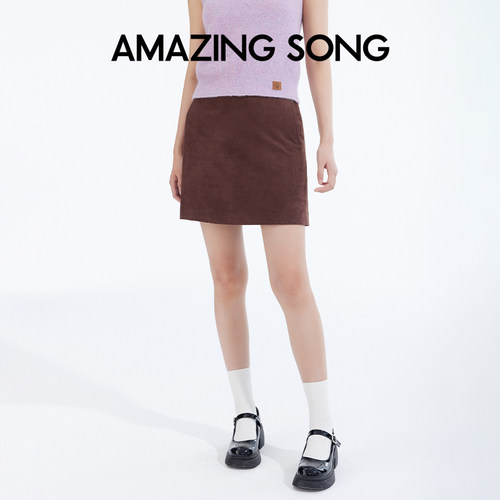 Amazing Song乙颂羊驼毛无袖针织背心小高领上衣复古麂皮半身裙女