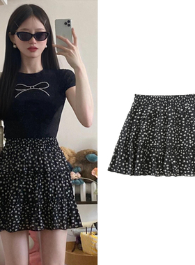 FBB WORKS 碎花半身裙短裙女夏季新款a字黑色波点蛋糕裙小个子