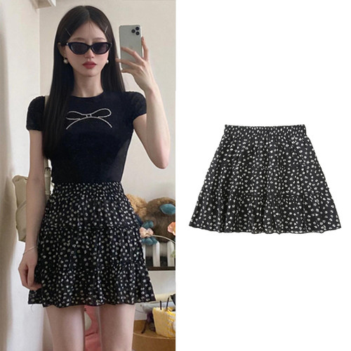 FBB WORKS 碎花半身裙短裙女夏季新款a字黑色波点蛋糕裙小个子