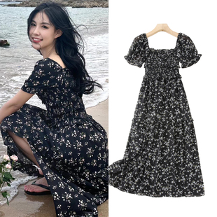 新款 FBB WORKS 夏季 气质连衣裙 显瘦温柔碎花度假旅游小黑裙中长款