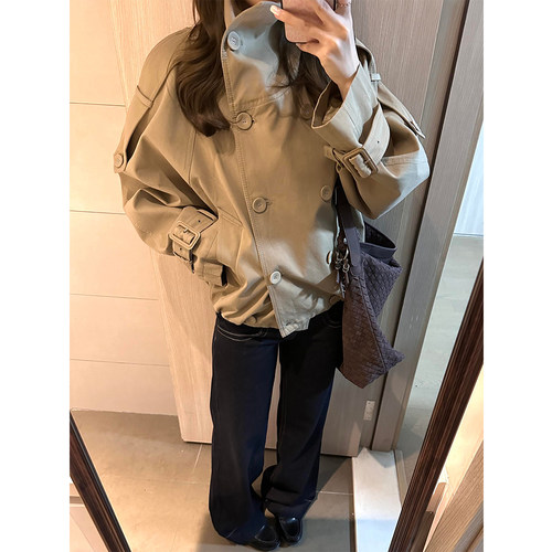 FBB WORKS A*ne短款立领双排扣风衣外套女短款显瘦宽松经典英伦风