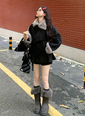 FBB WORKS 高级感毛领毛呢外套秋冬新款系带收腰显瘦气质灰色大衣