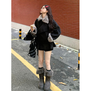 系带收腰显瘦气质灰色大衣 高级感毛领毛呢外套秋冬新款 FBB WORKS