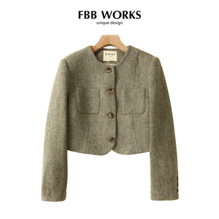 休闲显瘦上衣短款 复古圆领茶系小香风外套女秋冬新款 WORKS FBB