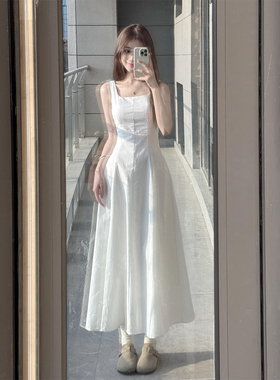 FBB WORKS 【白月光】法式方领连衣裙夏收腰显瘦气质无袖白色长裙