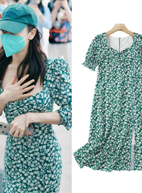 FBB WORKS 绿色法式碎花连衣裙夏季方领高腰开叉收腰显瘦气质长裙