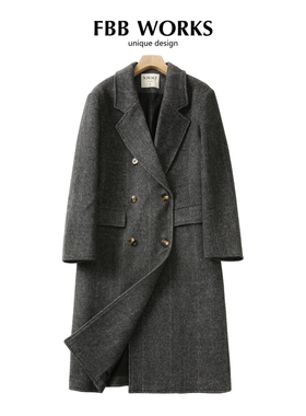 FBB WORKS 女主大衣 黑色长款毛呢大衣女冬季双排扣羊毛呢子外套