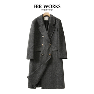 毛呢大衣女冬季 FBB 黑色长款 女主大衣 双排扣羊毛呢子外套 WORKS