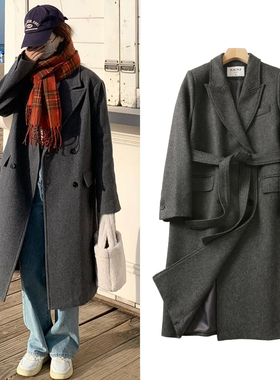 FBB WORKS 小个子羊毛灰色正肩毛呢外套女秋冬长款高级感呢子大衣