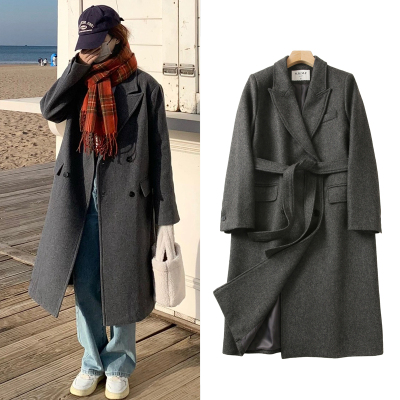 FBB WORKS 小个子羊毛灰色正肩毛呢外套女秋冬长款高级感呢子大衣