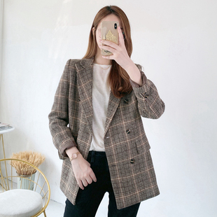 FBB WORKS 春季韩版毛呢格子西装外套女短款百搭复古格纹西服加厚