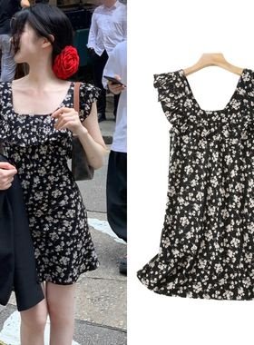 FBB WORKS 约会玫瑰岛碎花黑色连衣裙女春夏短款荷叶边裙子网红