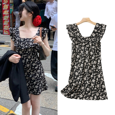 FBB WORKS 约会玫瑰岛碎花黑色连衣裙女春夏短款荷叶边裙子网红