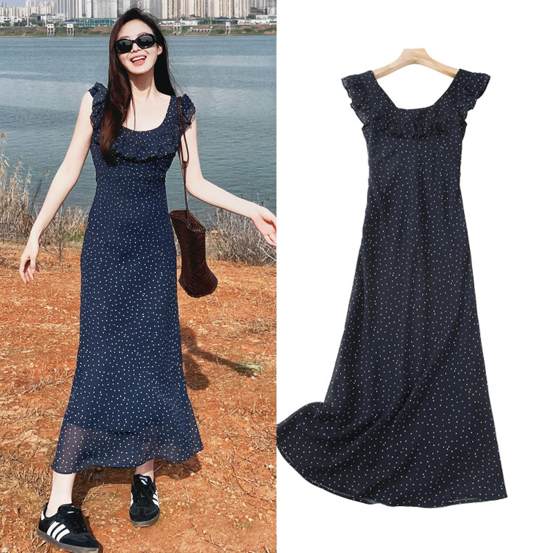 FBB WORKS 早春新款荷叶边短袖连衣裙女性感露背波点中长裙