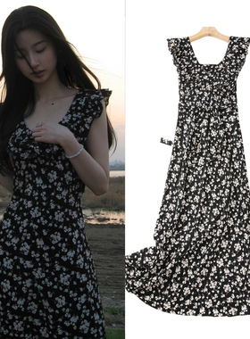 FBB WORKS 约会玫瑰岛碎花黑色连衣裙女春夏中长款荷叶边裙子网红