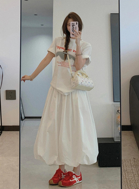 FBB WORKS 山茶花 白色花苞长裙半身裙中长休闲裙子女白色大摆裙