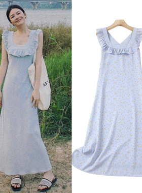 FBB WORKS 南法少女碎花连衣裙 du家纸片人气质度假花边吊带长裙