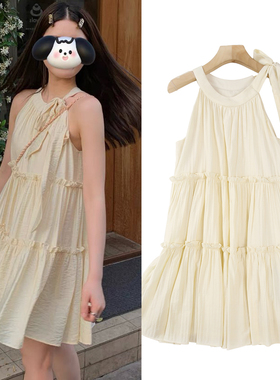 FBB WORKS 少女的心事 气质乖乖法式无袖挖肩挂脖连衣裙A字公主裙