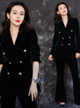 FBB WORKS 绿色丝绒西装英伦风金扣显瘦小西服喇叭裤年会套装女