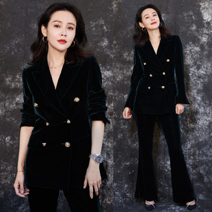 FBB WORKS 绿色丝绒西装英伦风金扣显瘦小西服喇叭裤年会套装女