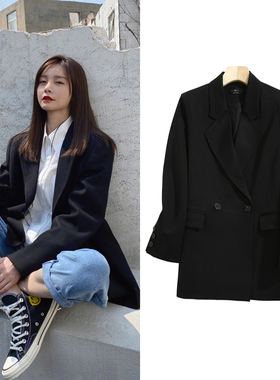 FBB WORKS 黑色宽松bf慵懒风小西装韩版中长西服显瘦气质休闲外套