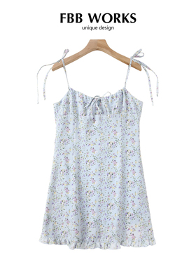 FBB WORKS 【海盐甜心】吊带连衣裙修身显瘦木耳边甜美碎花短裙