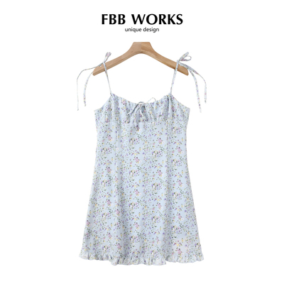 FBB WORKS 【海盐甜心】吊带连衣裙修身显瘦木耳边甜美碎花短裙