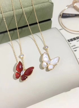 时尚风蝴蝶红色颈链天然白贝母