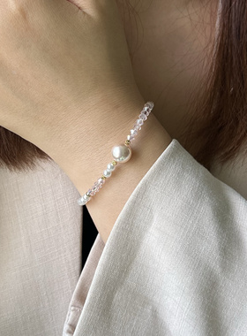 粉水晶珍珠手链女 极细手串原创设计小众轻奢精致少女手饰叠戴