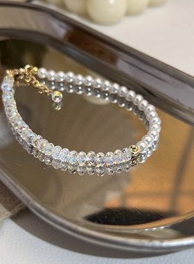 施华洛水晶珍珠手链女 度18K金轻奢高级感手串叠戴正圆baby珠极细