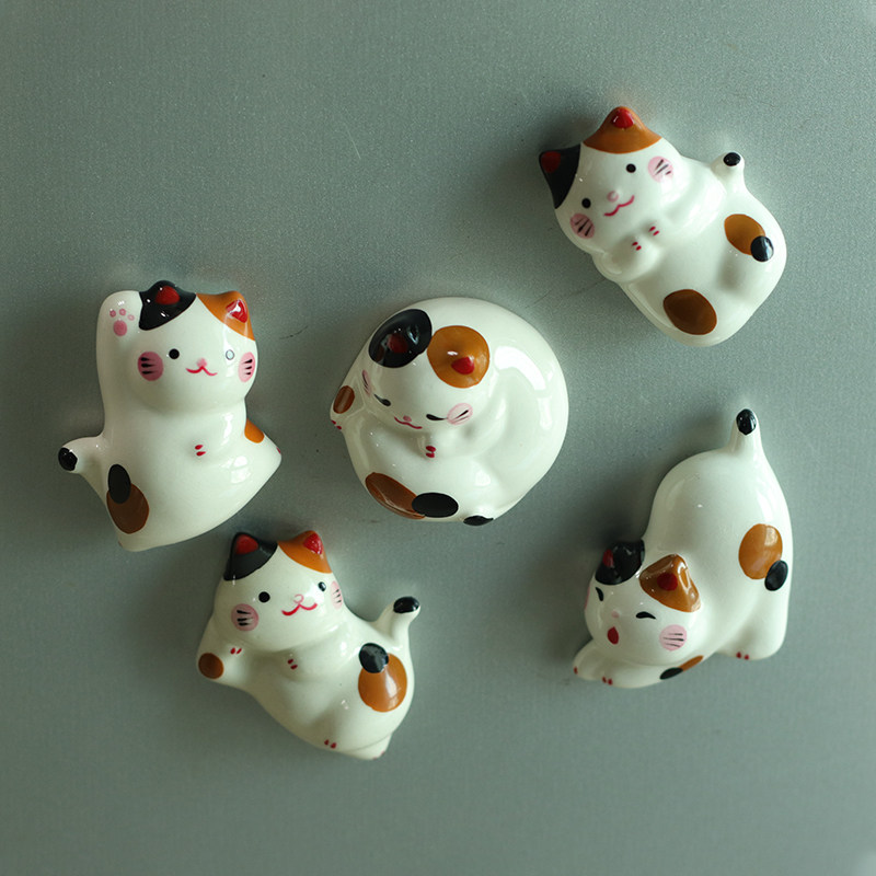 日本进口龙虎堂手工陶制可爱猫咪兔子达摩卡通磁石冰箱贴