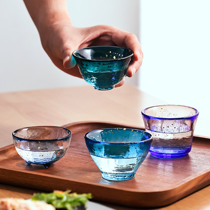 日本aderia石冢硝子津轻玻璃五色杯彩色玻璃杯酒杯清酒杯酒具礼盒